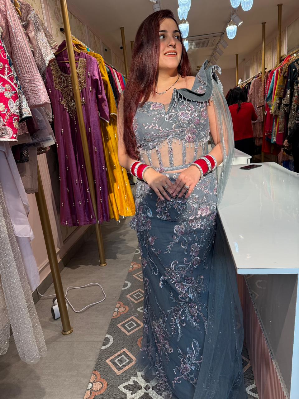 Elsa Floral Embroidered Designer Saree with Ruffle Blouse