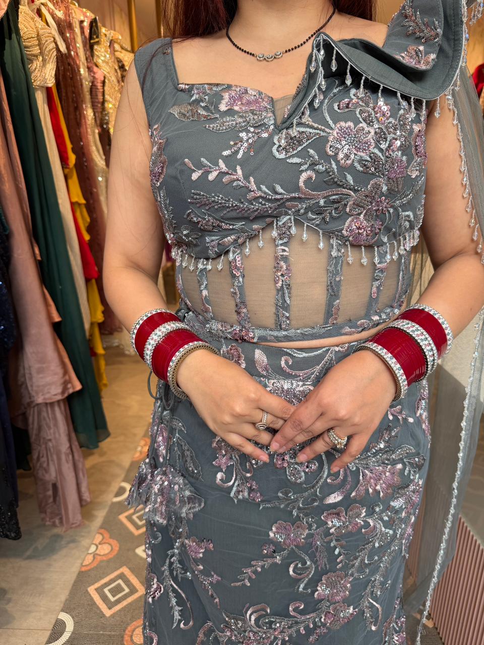 Elsa Floral Embroidered Designer Saree with Ruffle Blouse