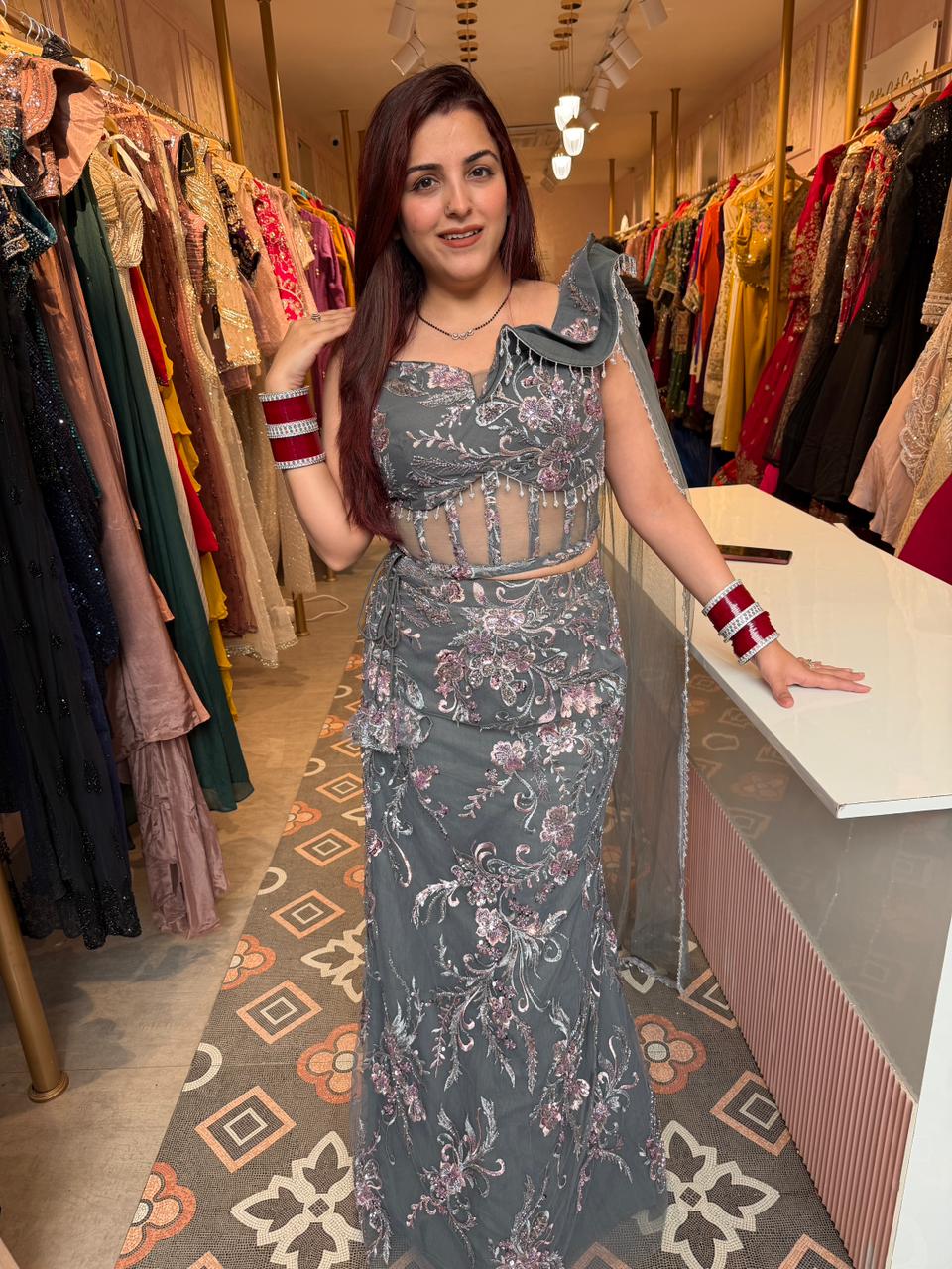Elsa Floral Embroidered Designer Saree with Ruffle Blouse