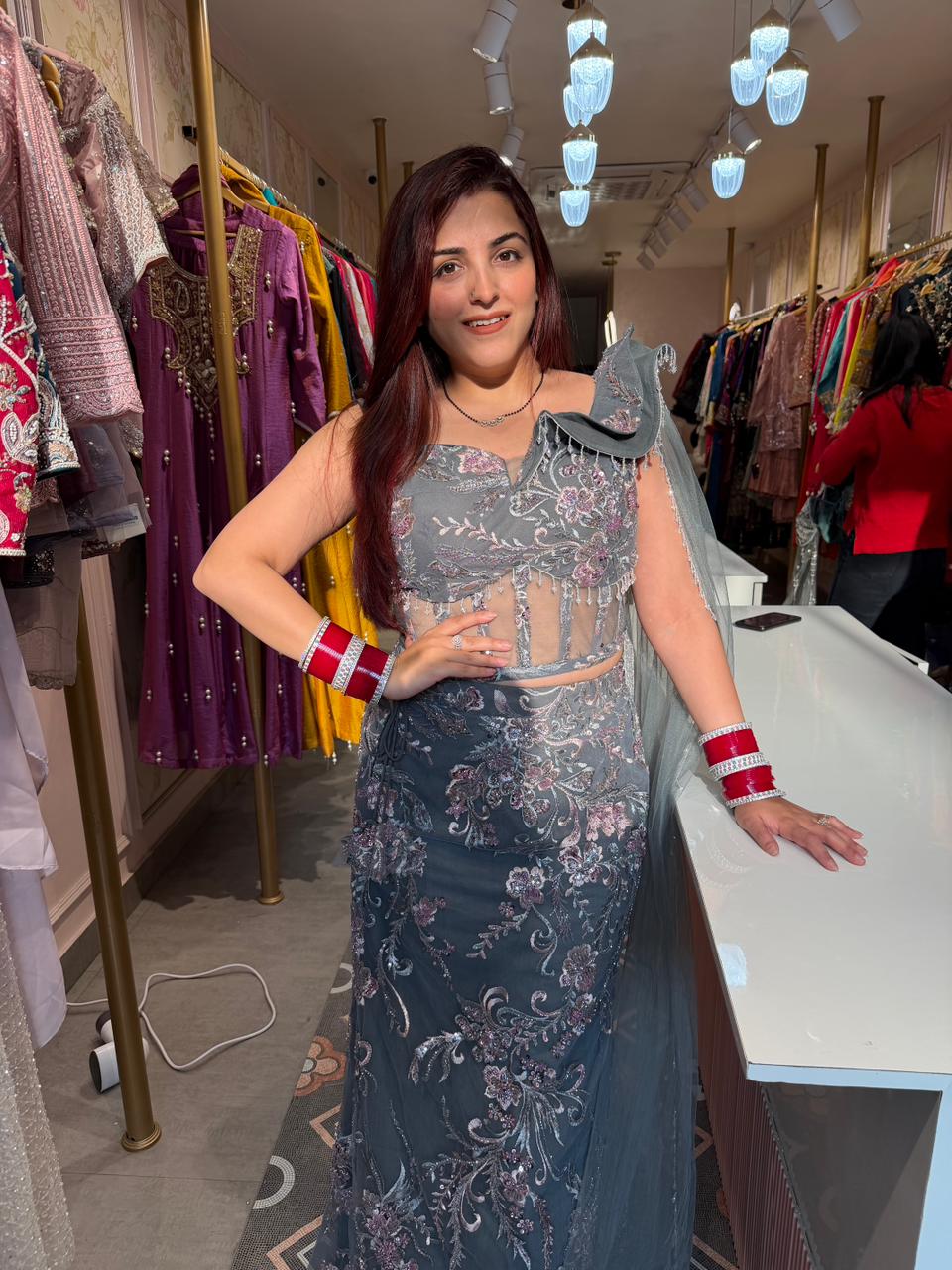 Elsa Floral Embroidered Designer Saree with Ruffle Blouse