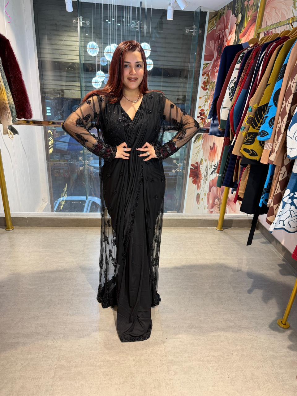 Ru Black Designer Saree Set