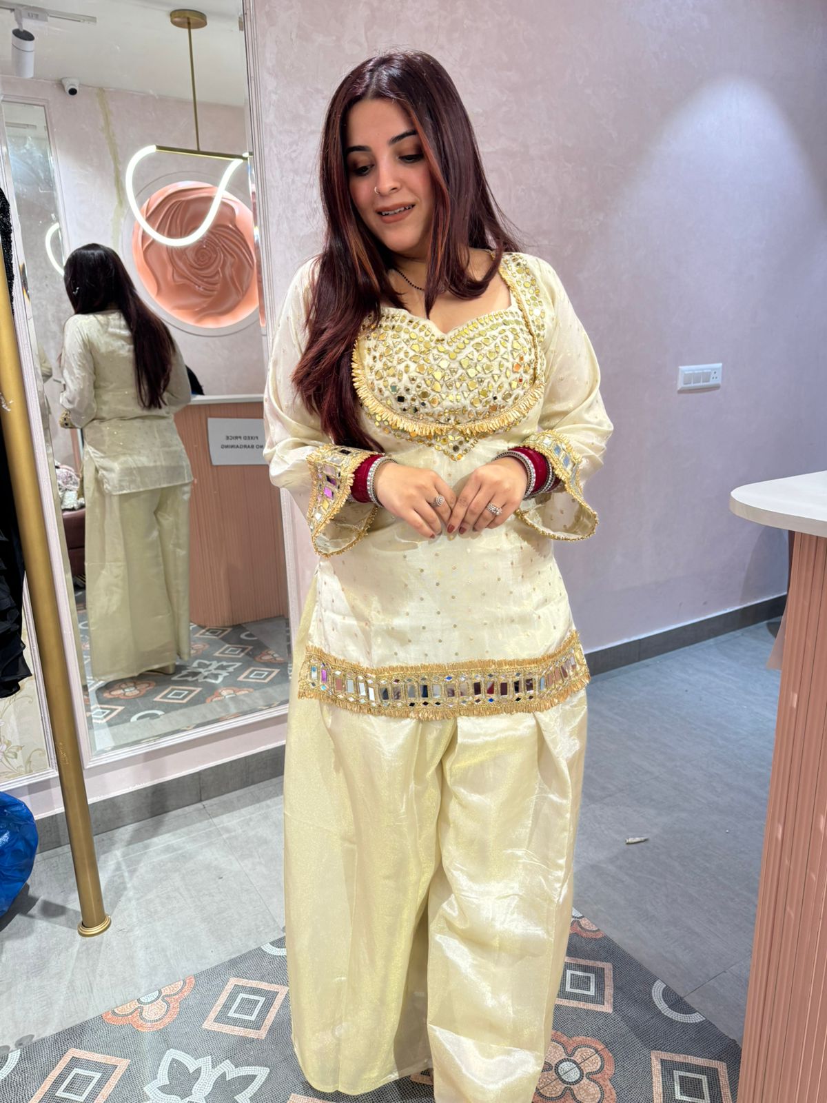 Shina noor Mirror Embroidered three pc set