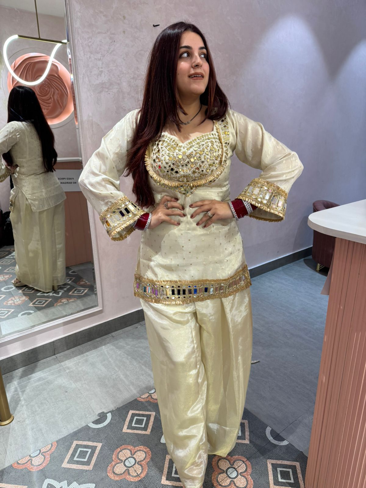Shina noor Mirror Embroidered three pc set
