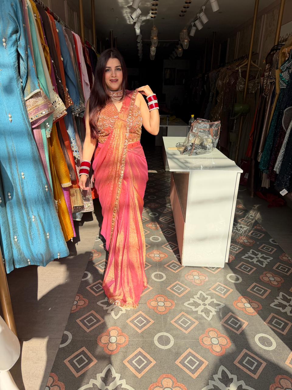 Ruhana Embroidered Blouse Shimmer Saree Set