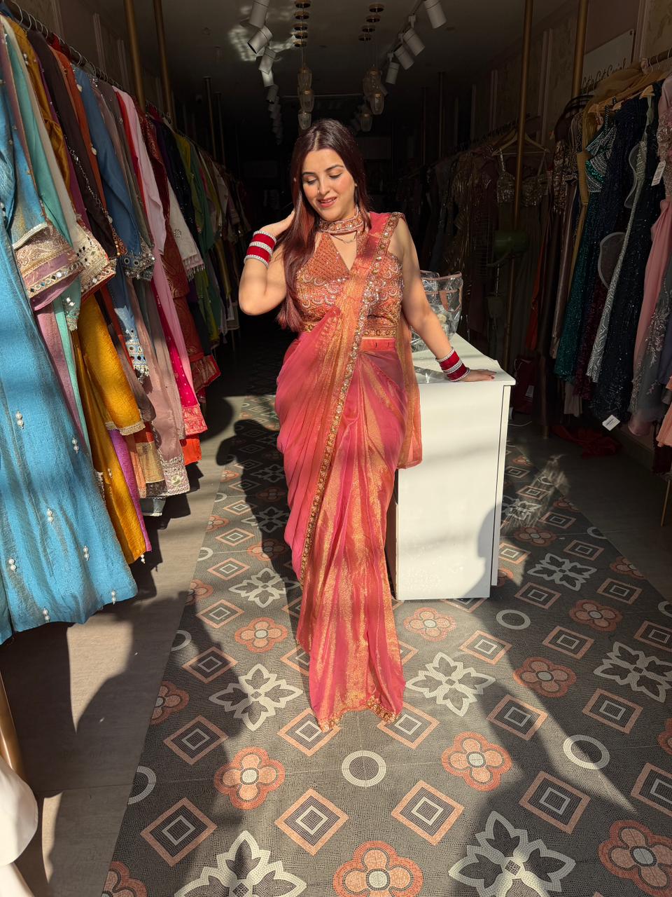 Ruhana Embroidered Blouse Shimmer Saree Set