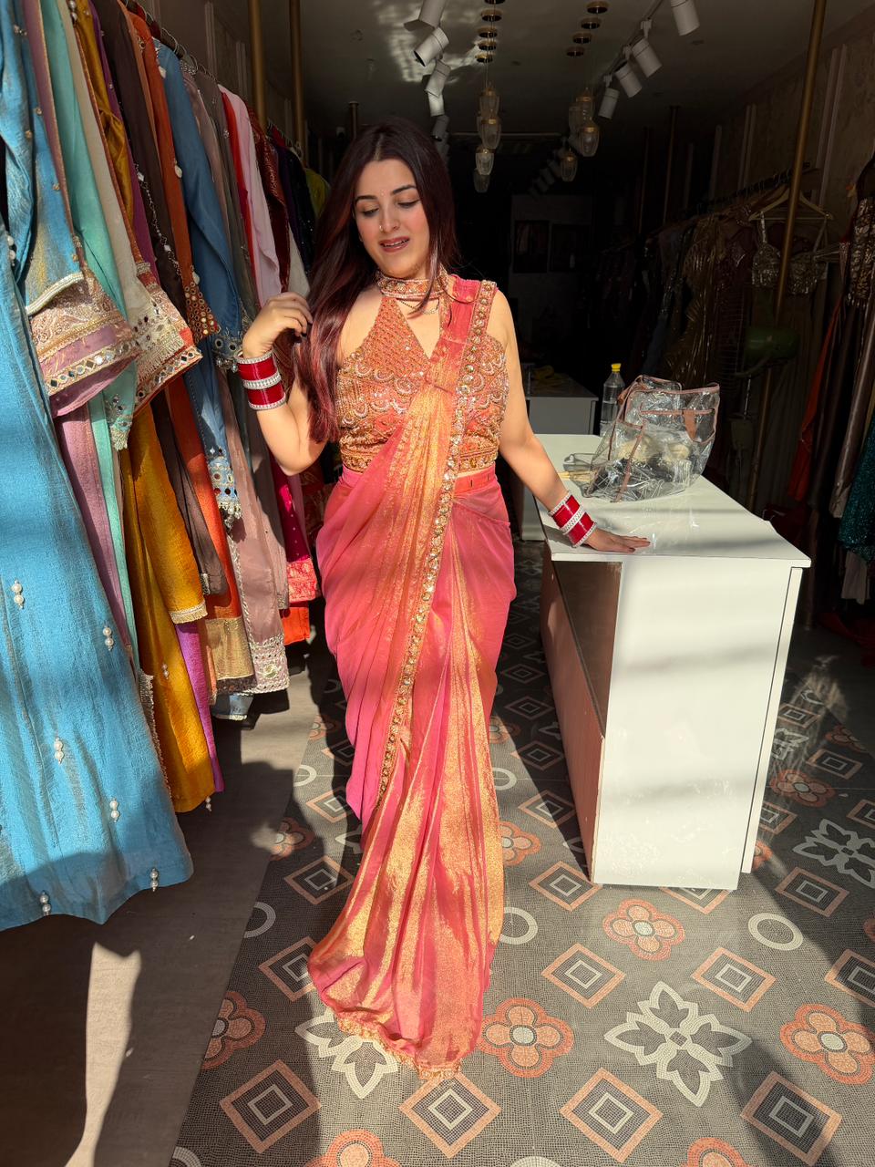 Ruhana Embroidered Blouse Shimmer Saree Set