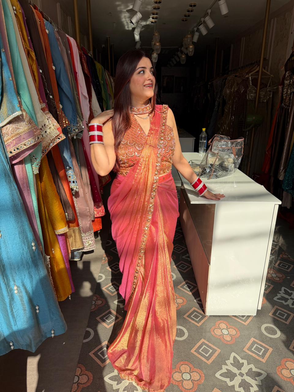 Ruhana Embroidered Blouse Shimmer Saree Set