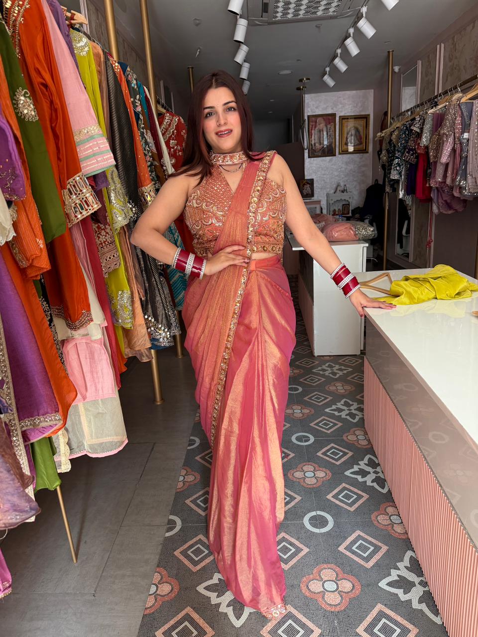 Ruhana Embroidered Blouse Shimmer Saree Set