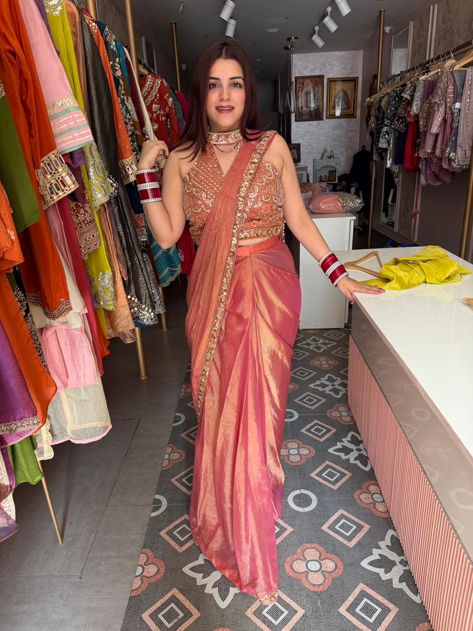 Ruhana Embroidered Blouse Shimmer Saree Set