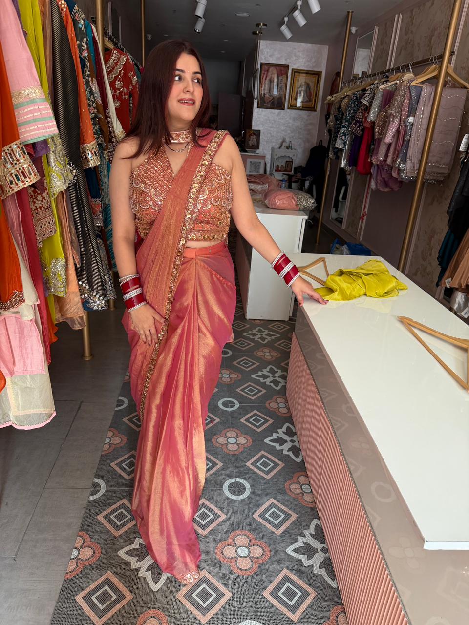 Ruhana Embroidered Blouse Shimmer Saree Set