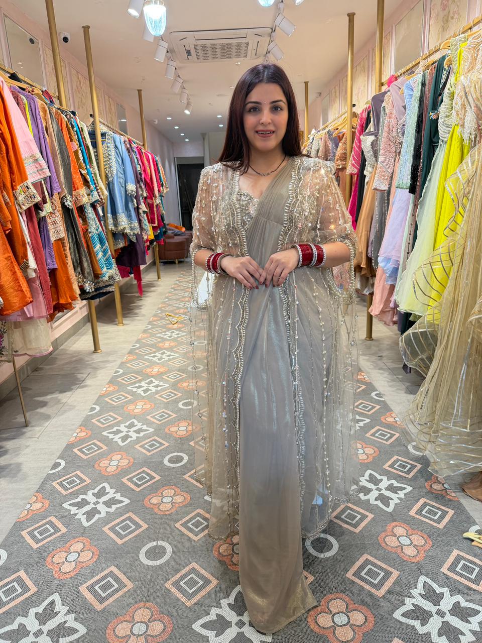 Mist Embellished Cape Saree Set