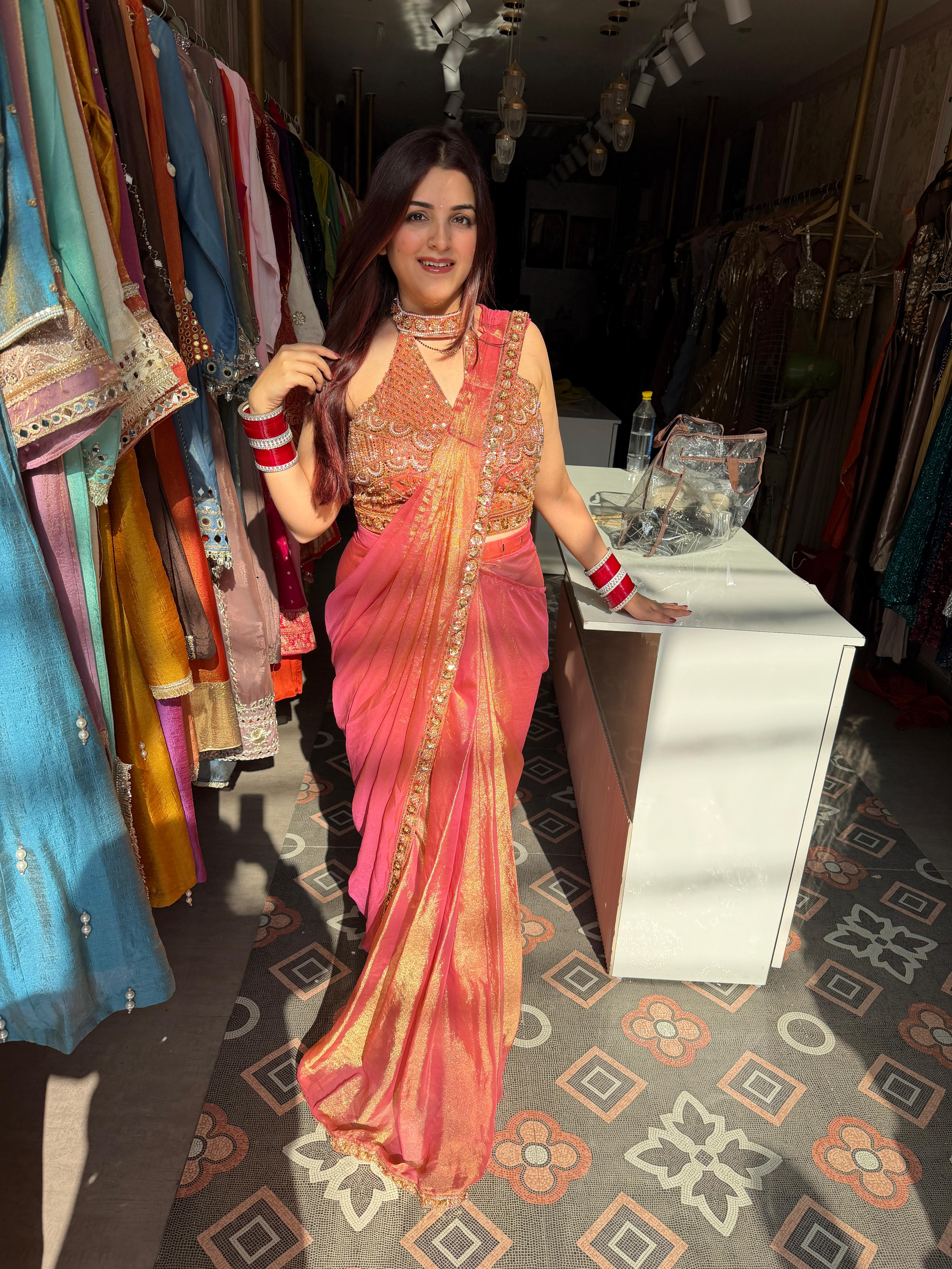 Ruhana Embroidered Blouse Shimmer Saree Set