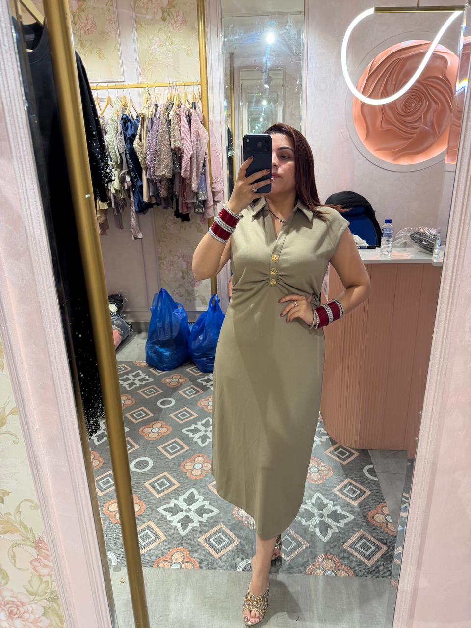 Rust Royale Gold Button Midi Dress