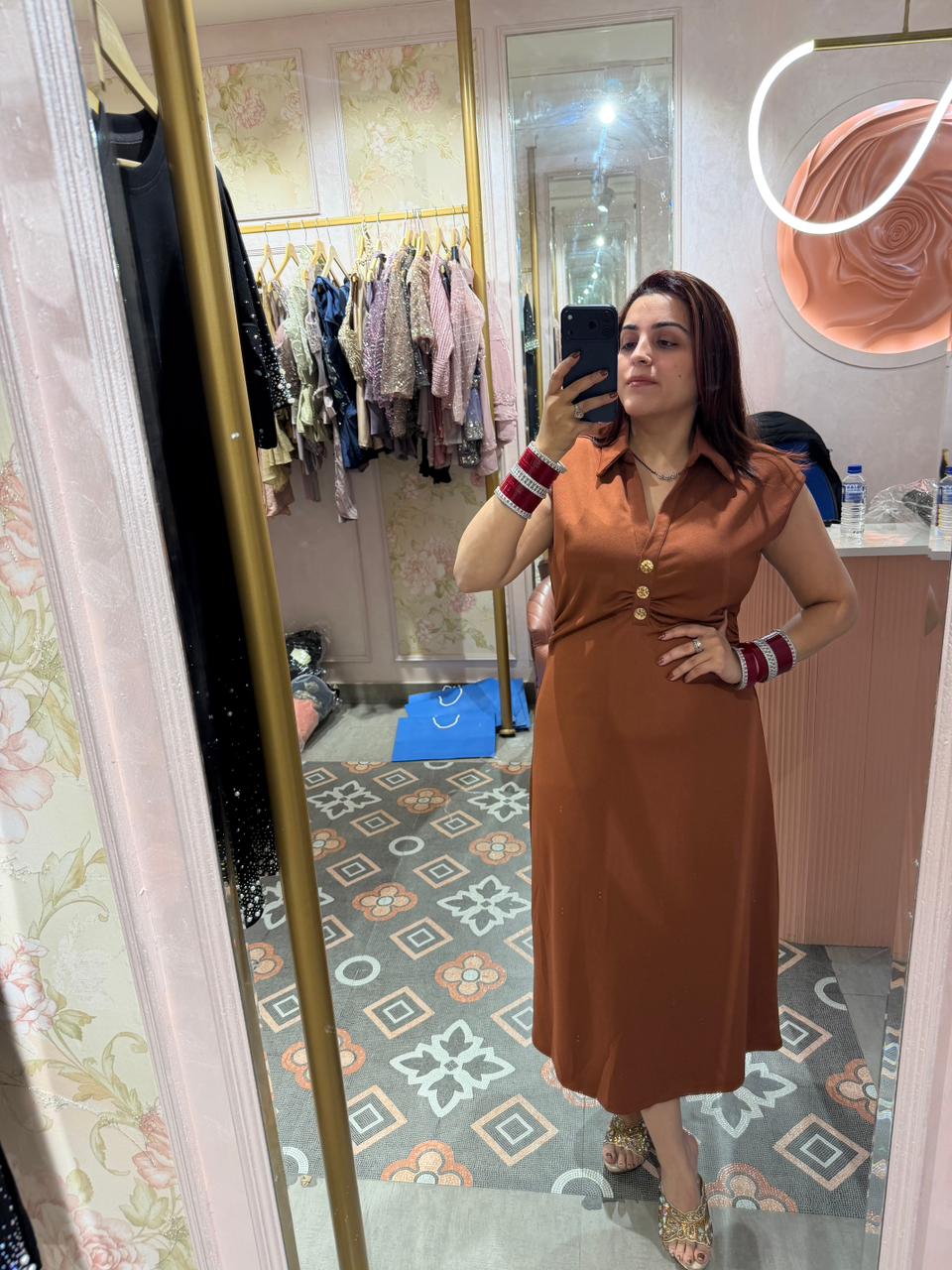Rust Royale Gold Button Midi Dress
