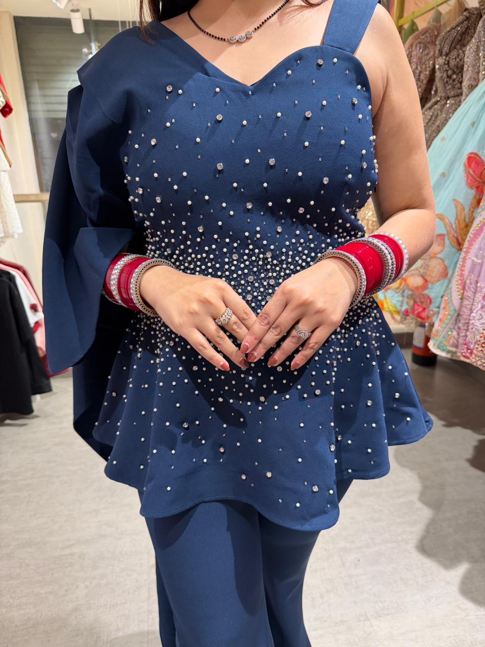 Miya Pearl Embellished Peplum Palazzo Set