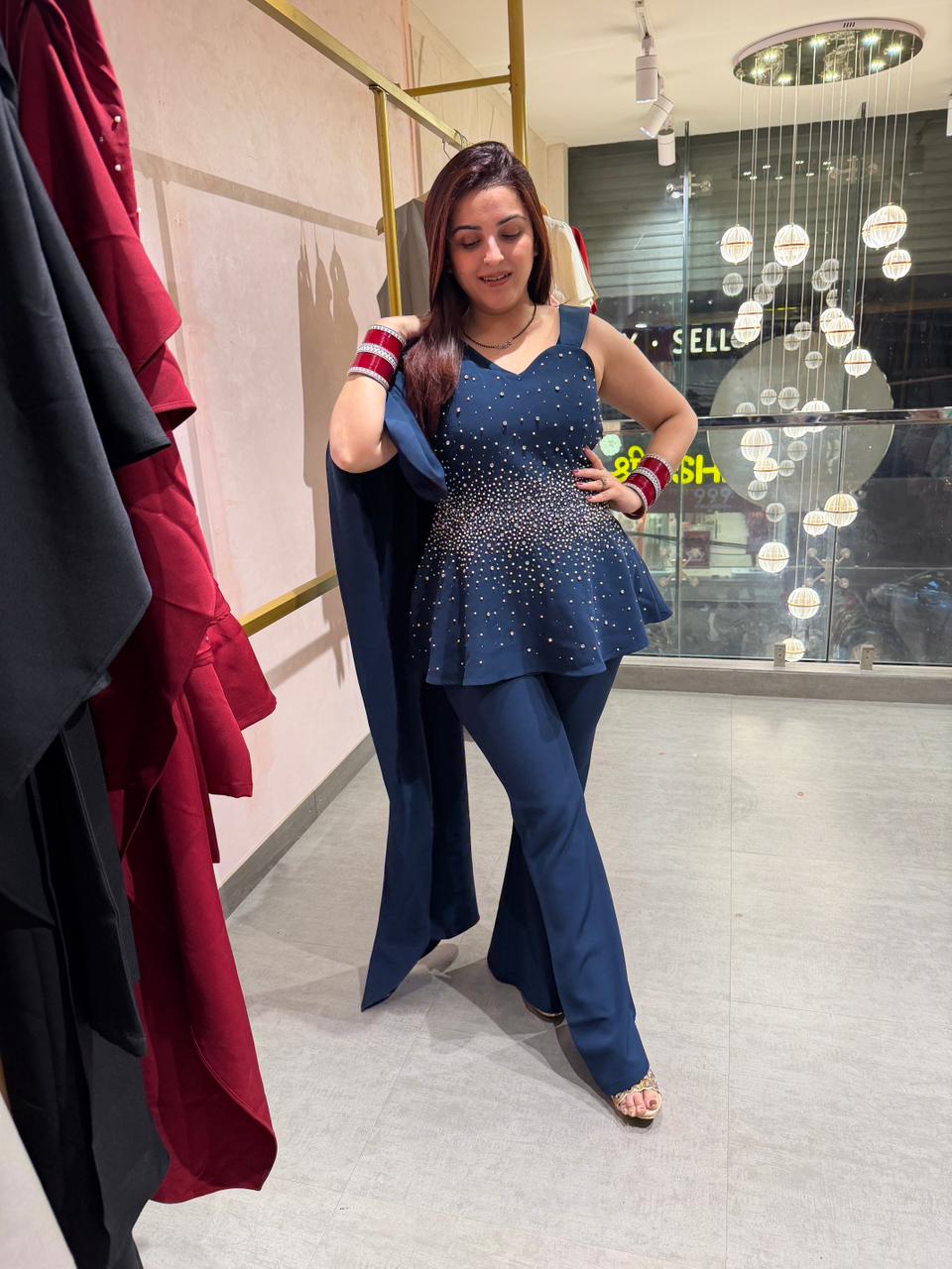 Miya Pearl Embellished Peplum Palazzo Set