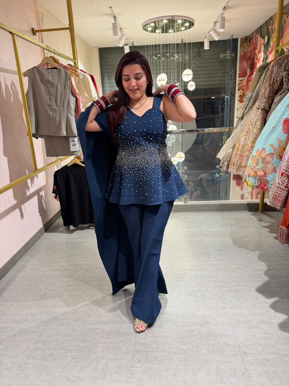 Miya Pearl Embellished Peplum Palazzo Set