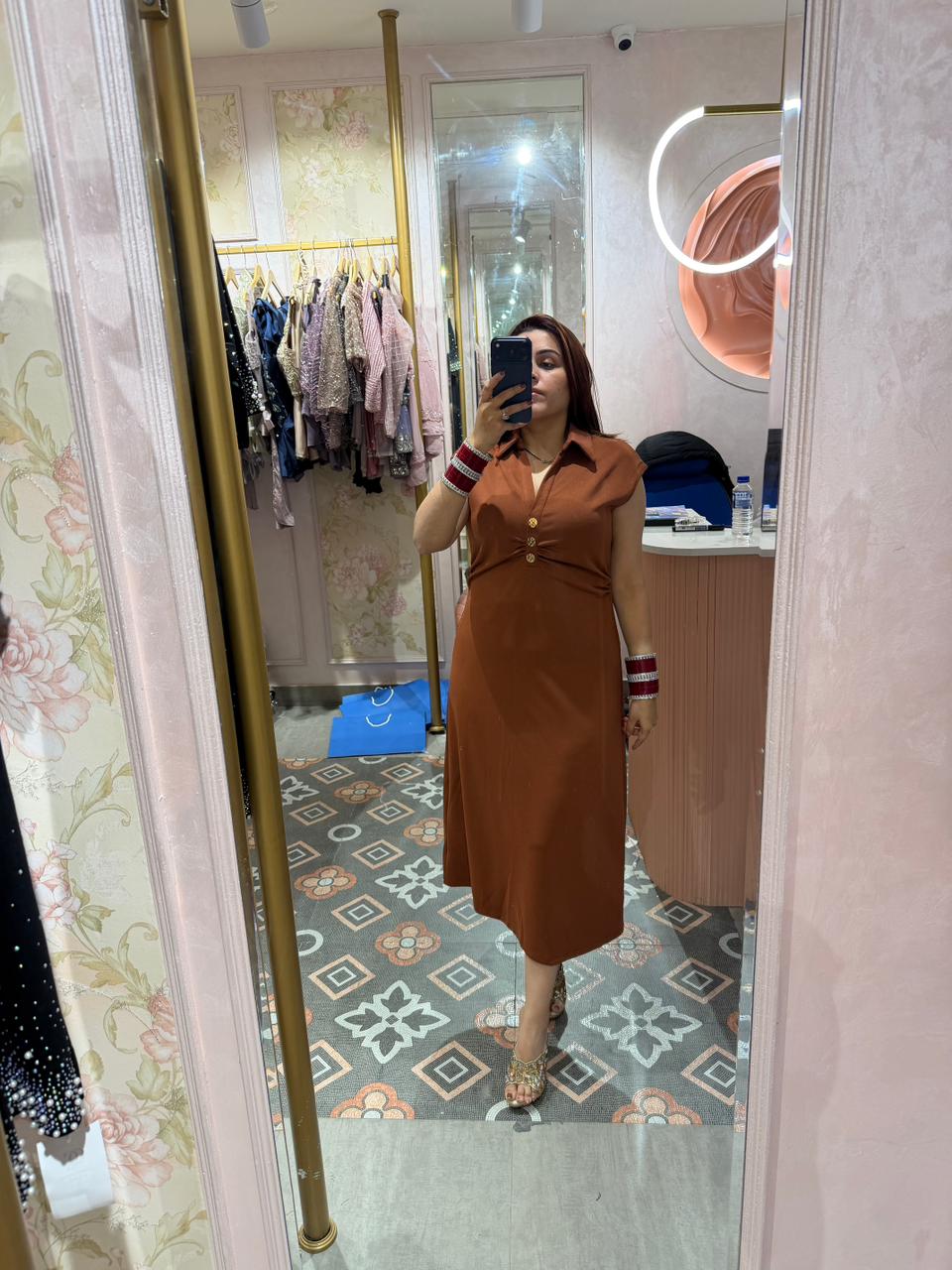 Rust Royale Gold Button Midi Dress