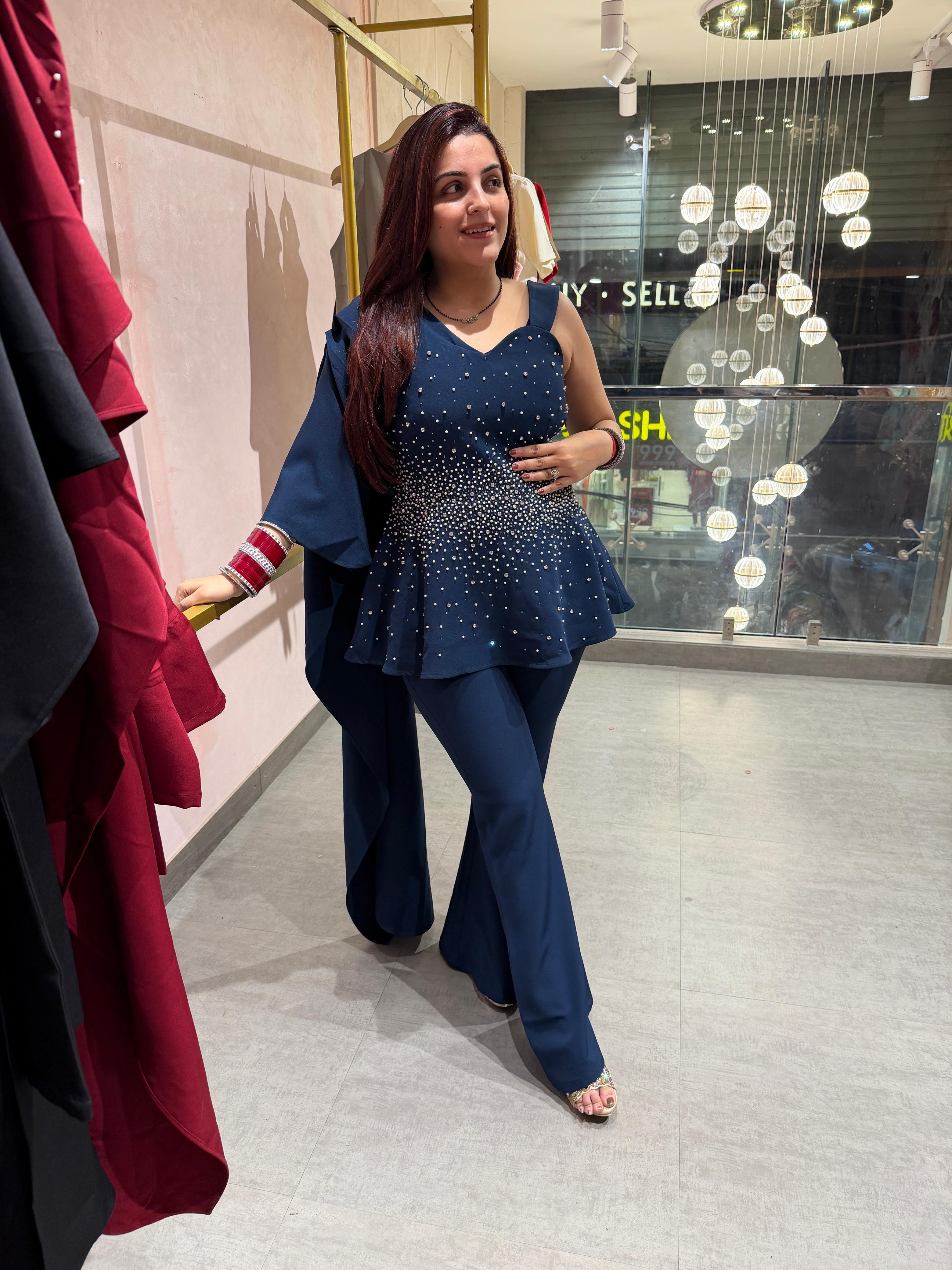 Miya Pearl Embellished Peplum Palazzo Set