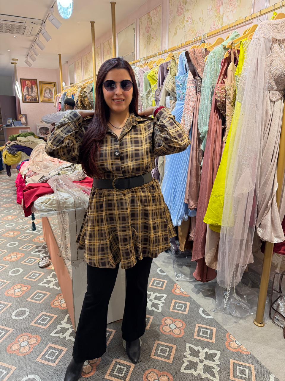 Vintage Check Peplum with Belt Top