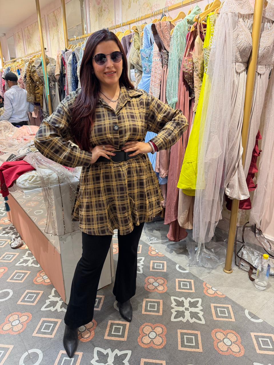 Vintage Check Peplum with Belt Top