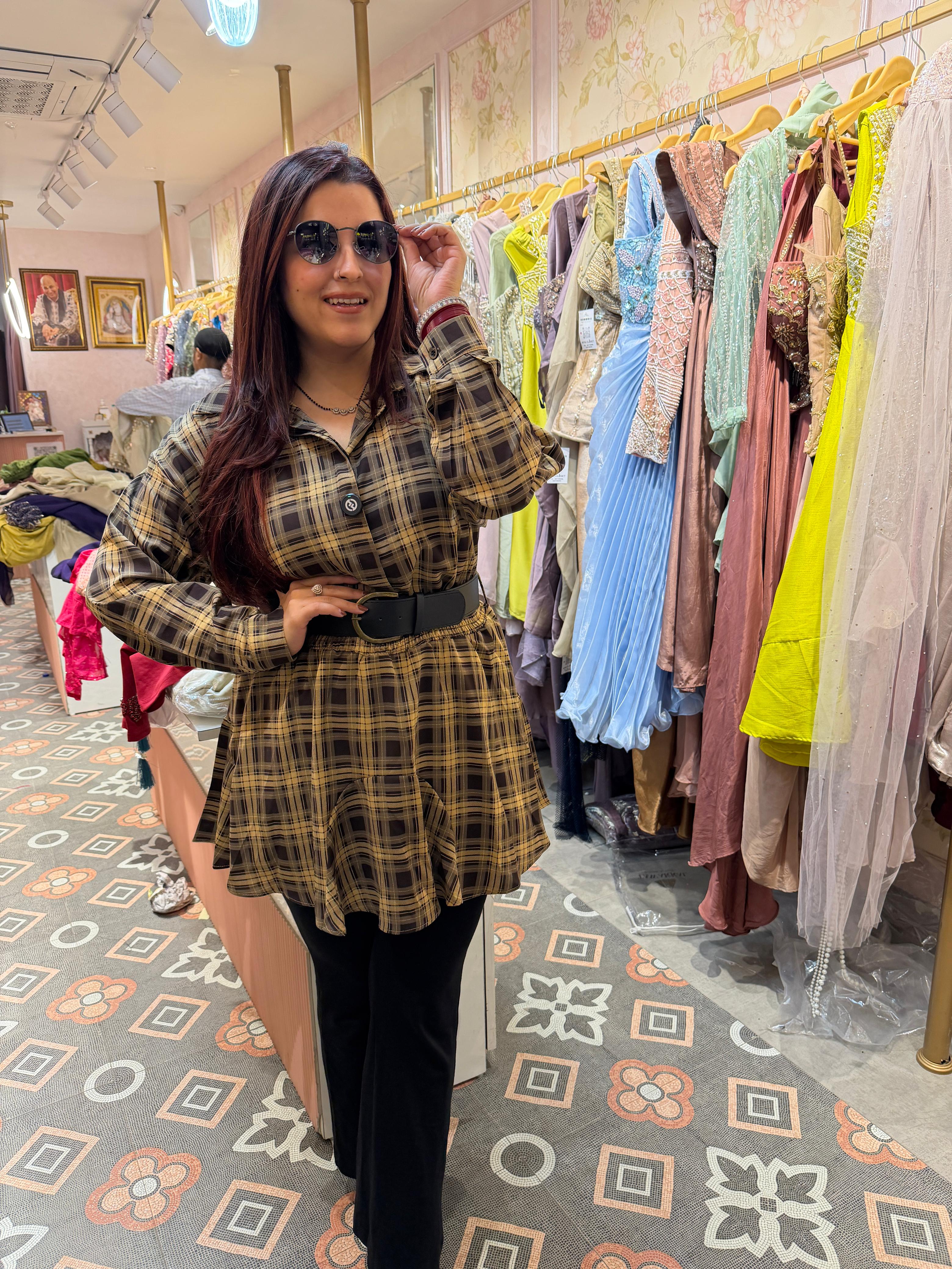 Vintage Check Peplum with Belt Top