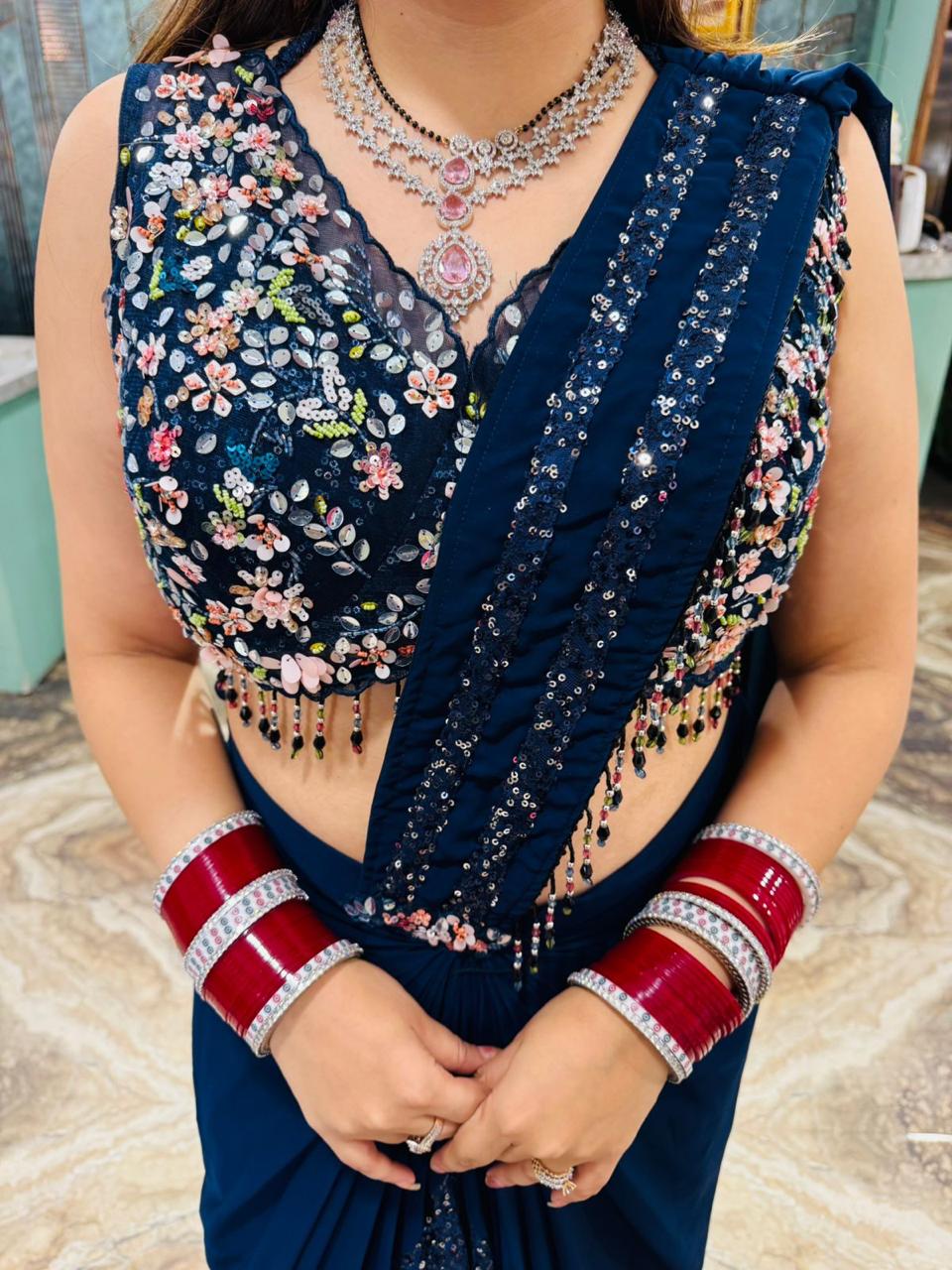 Midnight Bloom Sequin Pre-Draped skirt and blouse