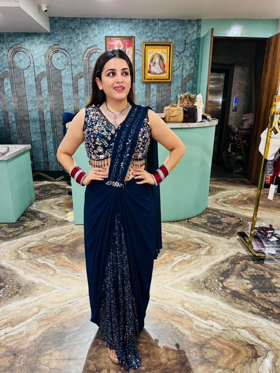 Midnight Bloom Sequin Pre-Draped skirt and blouse