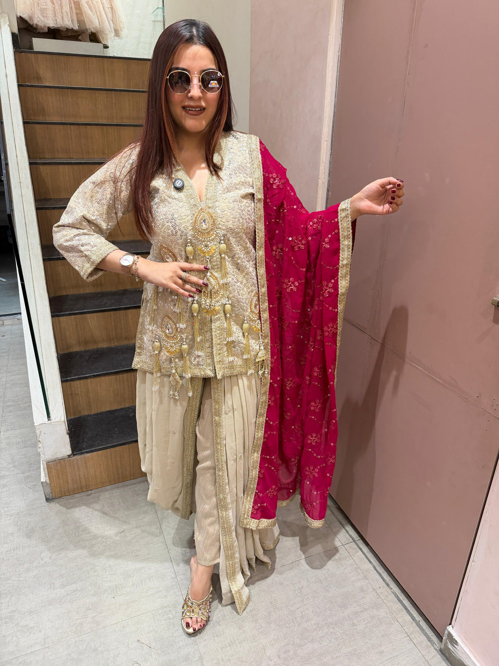 Royal Zari Embellished Dhoti Set with Pink Dupatta