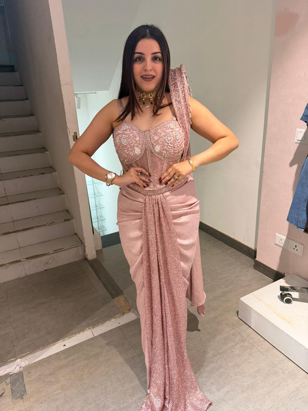 Rose Sequin Cor Indo western set