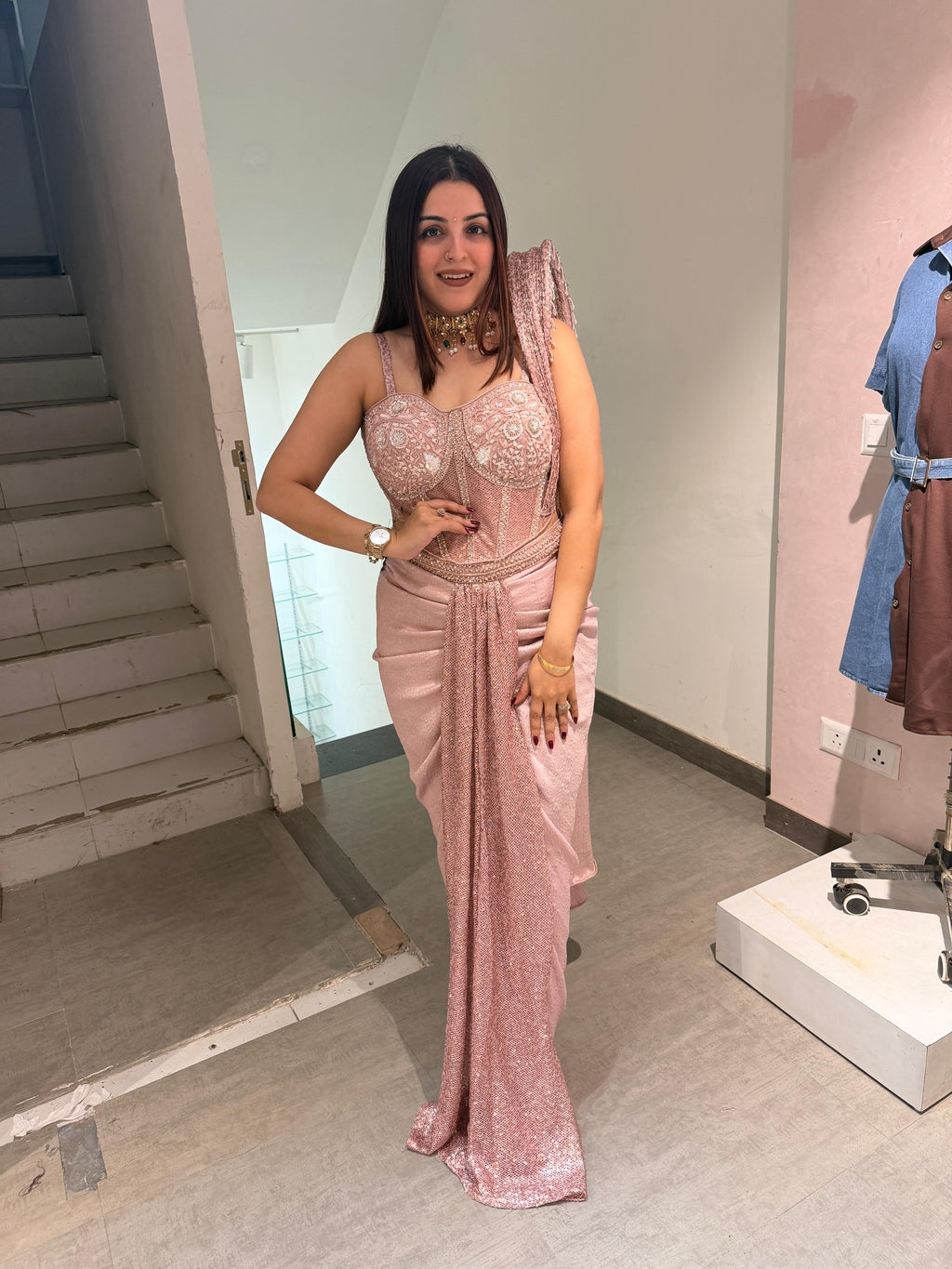 Rose Sequin Cor Indo western set