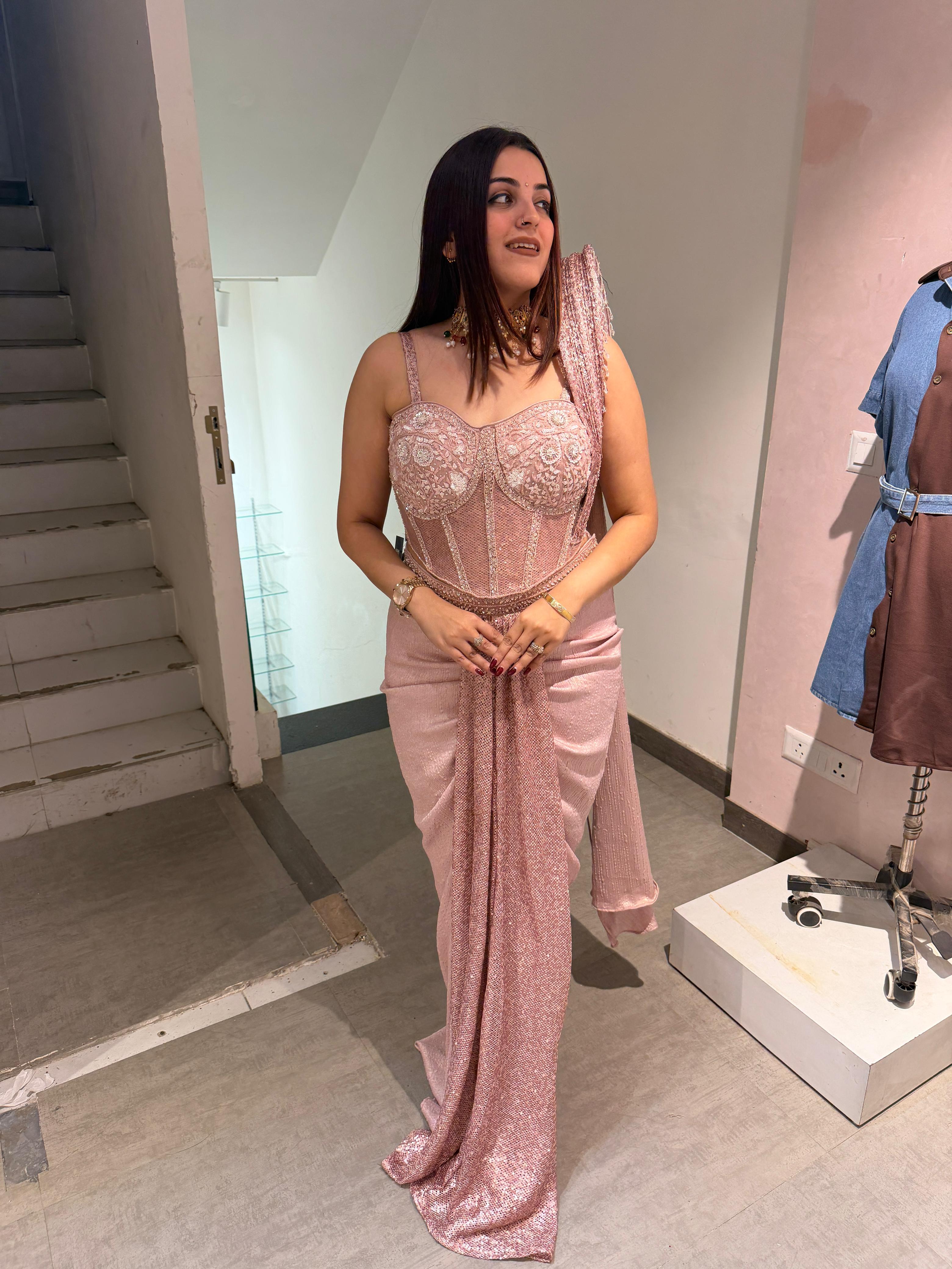 Rose Sequin Cor Indo western set