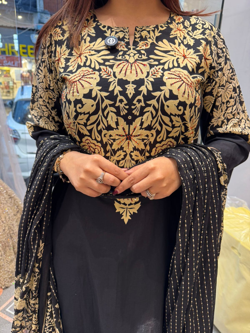 Gold Floral Printed Anarkali Suit Set