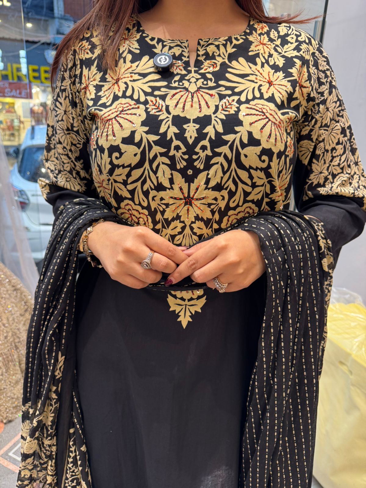 Gold Floral Printed Anarkali Suit Set