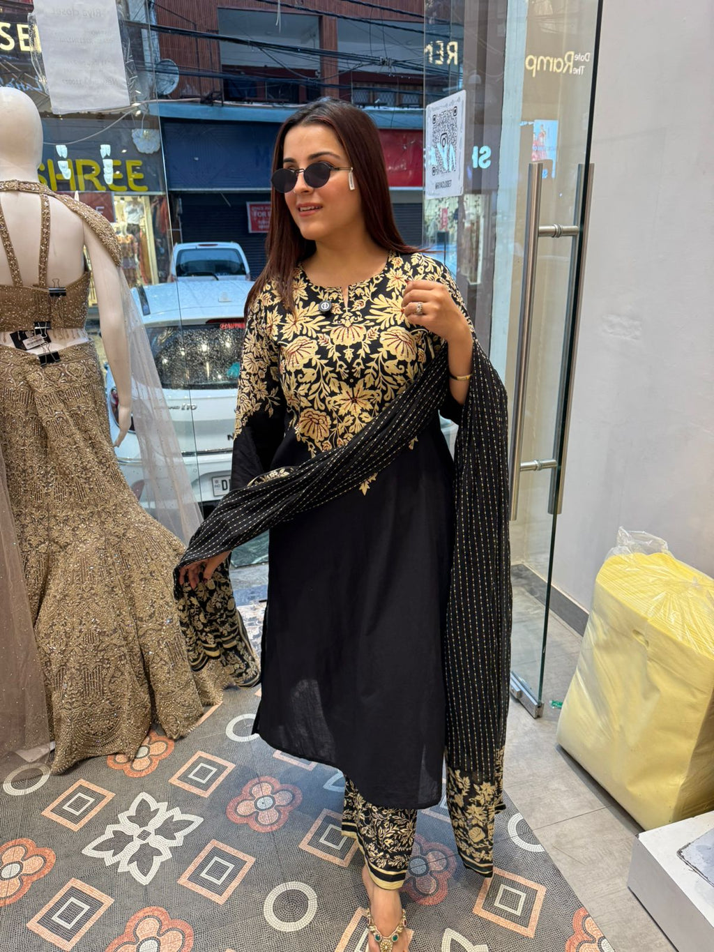 Gold Floral Printed Anarkali Suit Set
