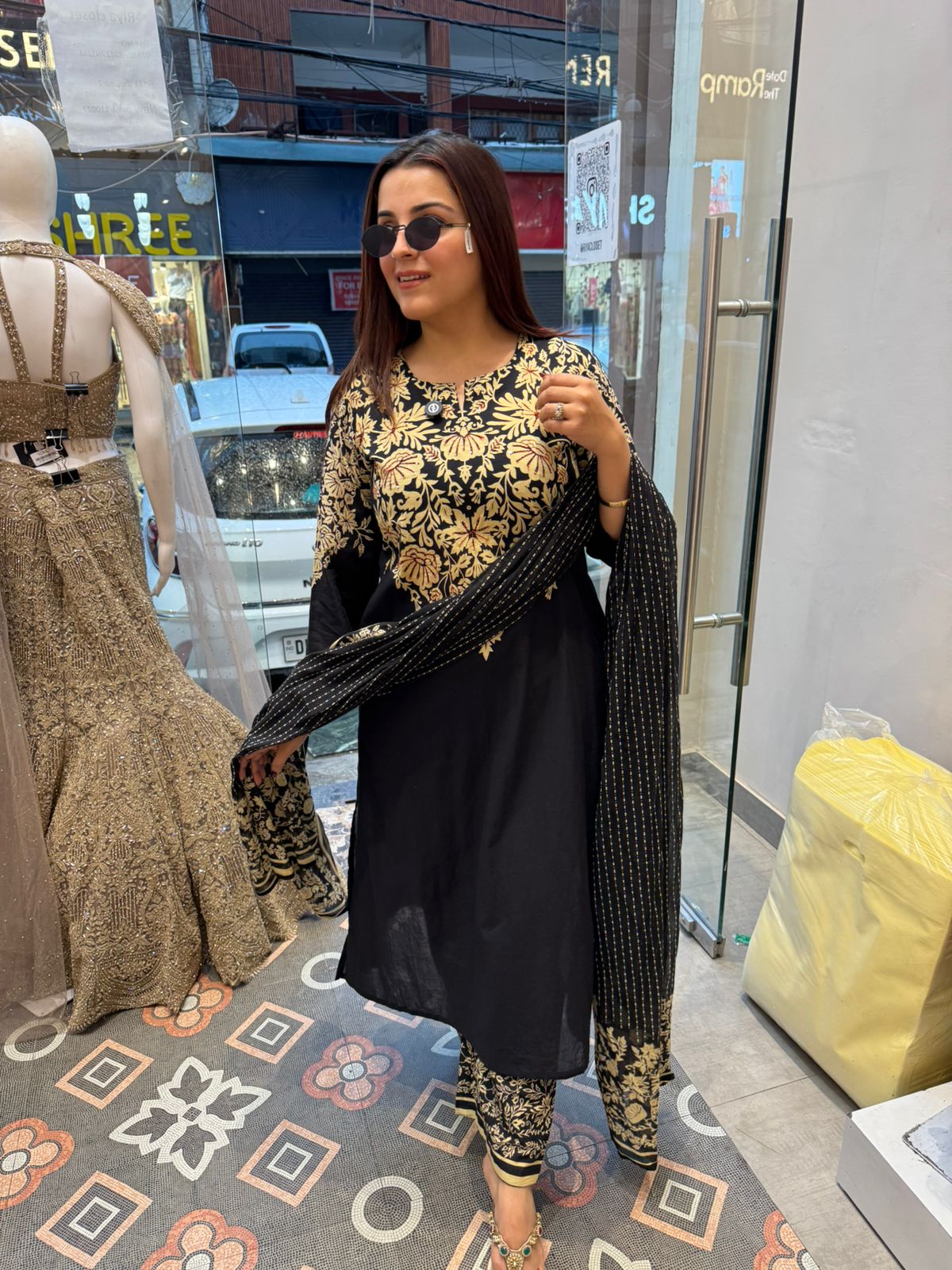 Gold Floral Printed Anarkali Suit Set