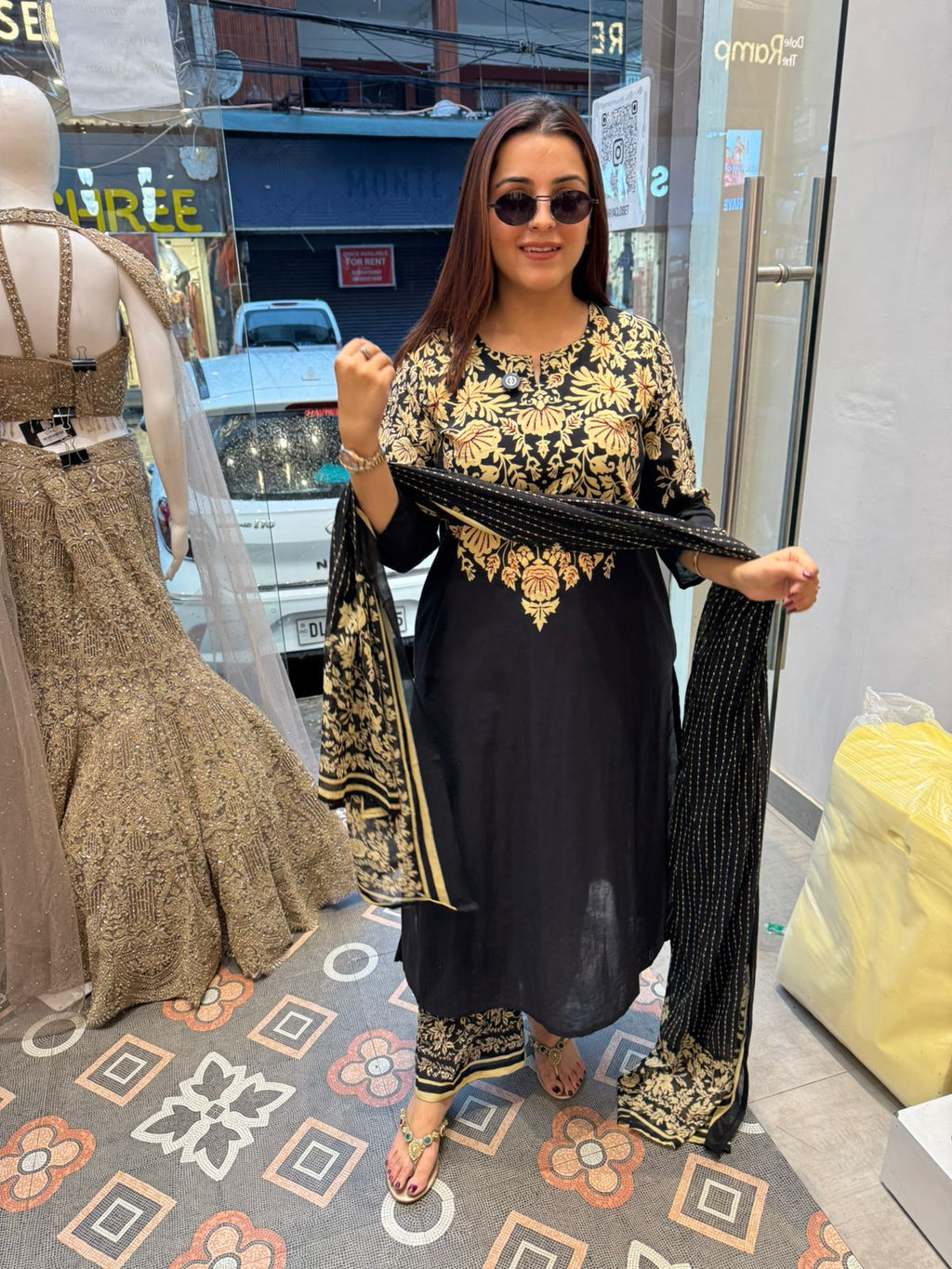Gold Floral Printed Anarkali Suit Set