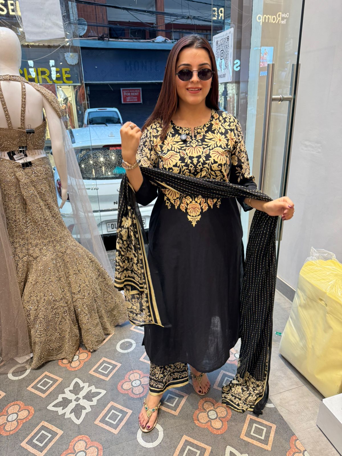 Gold Floral Printed Anarkali Suit Set
