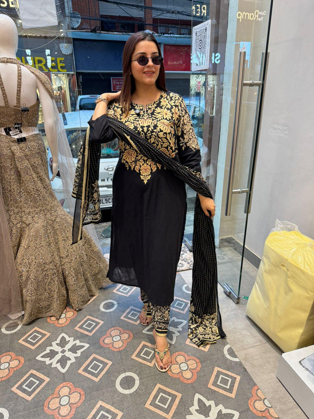 Gold Floral Printed Anarkali Suit Set