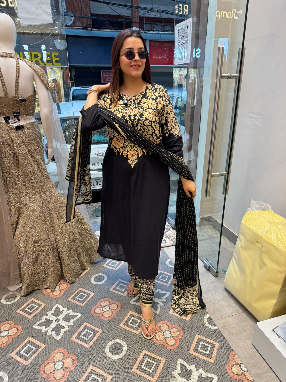 Gold Floral Printed Anarkali Suit Set