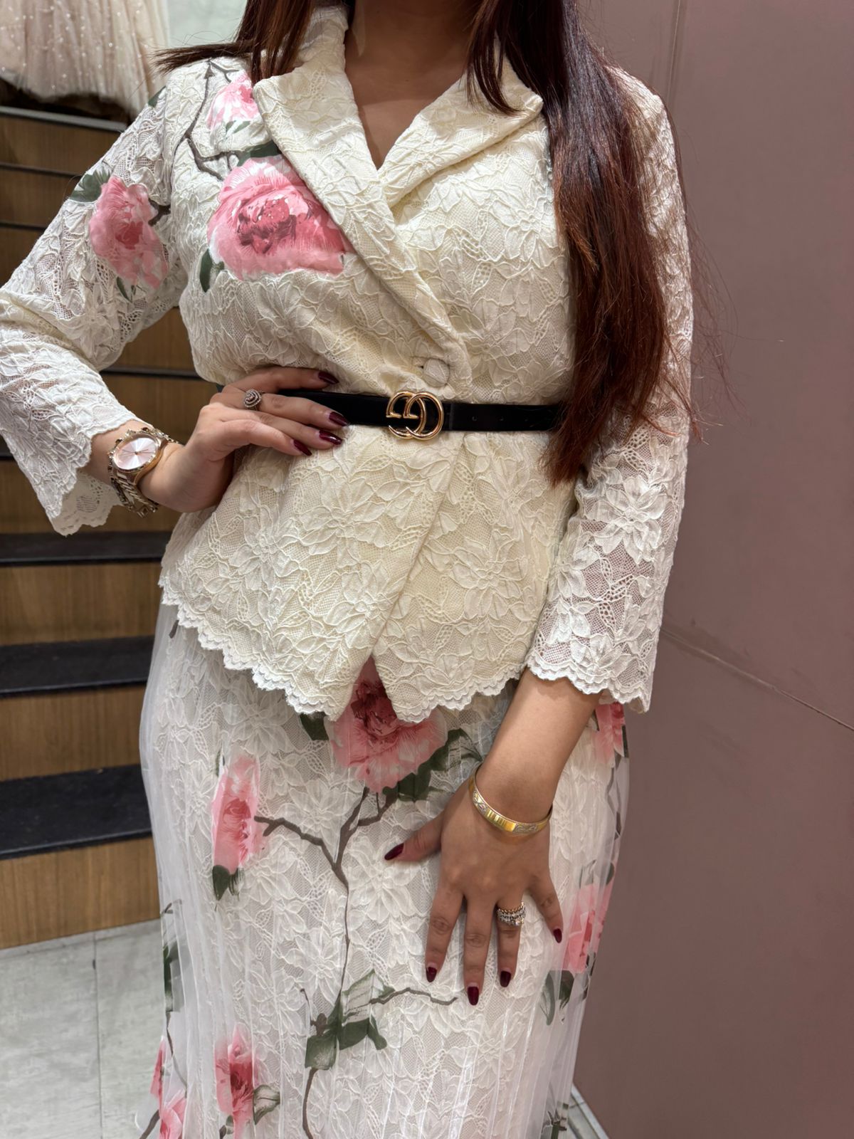 Lina Floral blazer style top Skirt with Belt