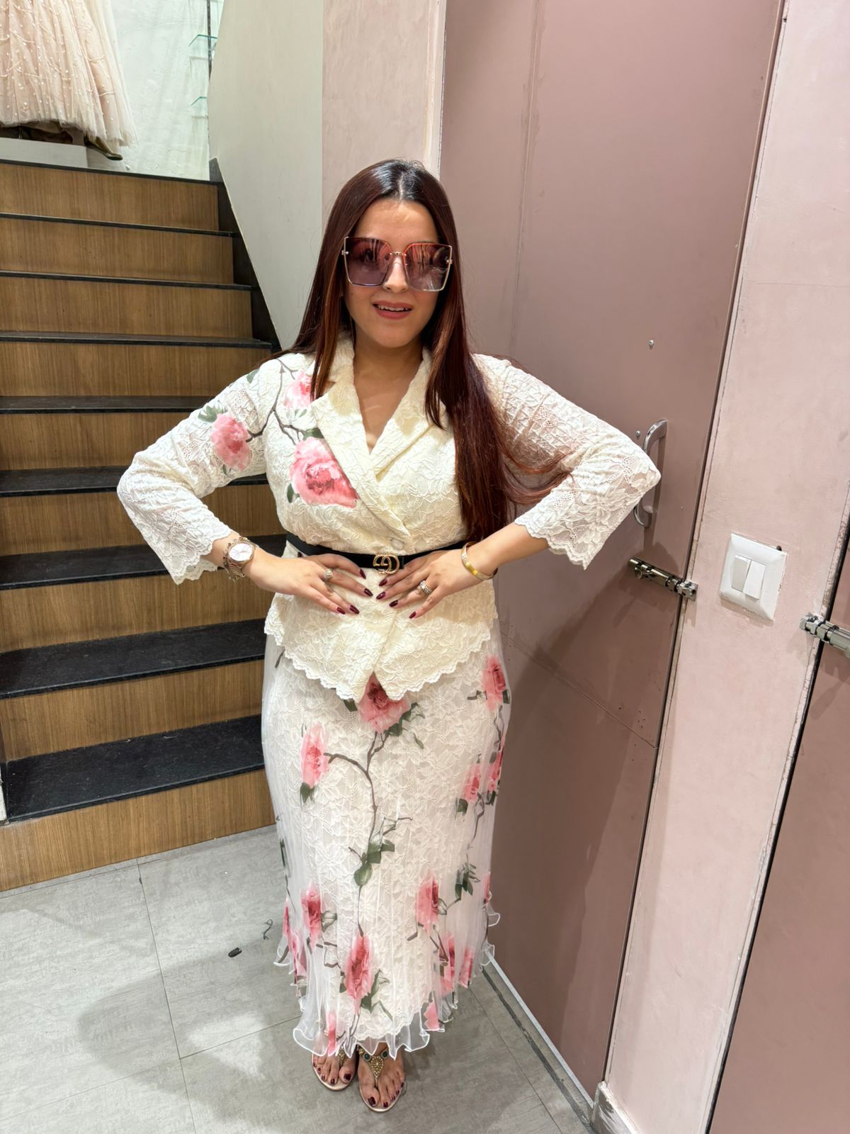 Lina Floral blazer style top Skirt with Belt
