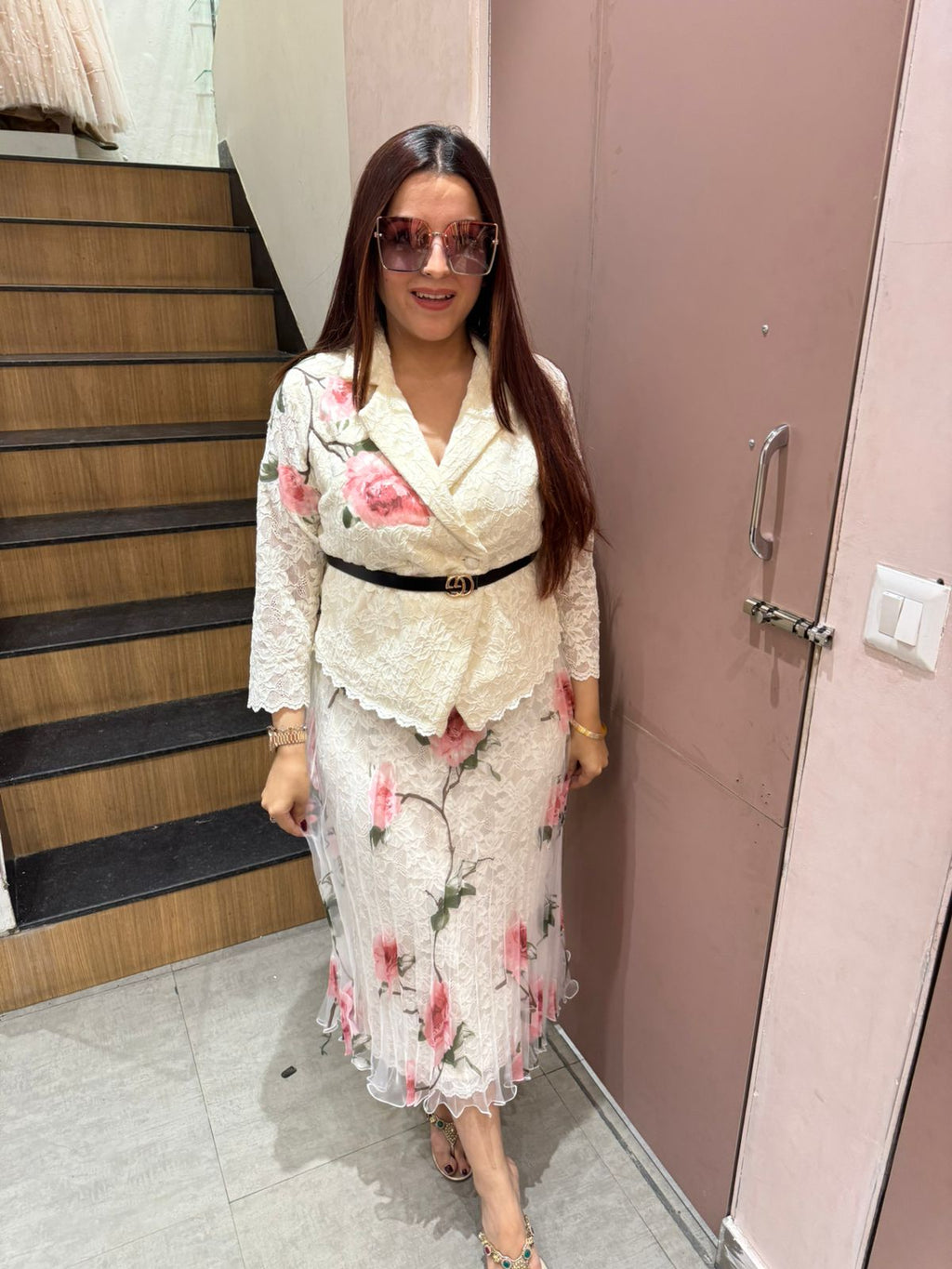 Lina Floral blazer style top Skirt with Belt