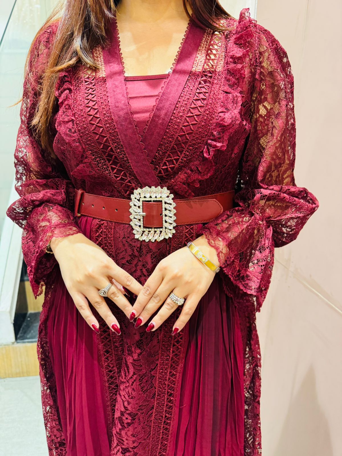 Janny Lace Pleated Maxi Dress with Belt