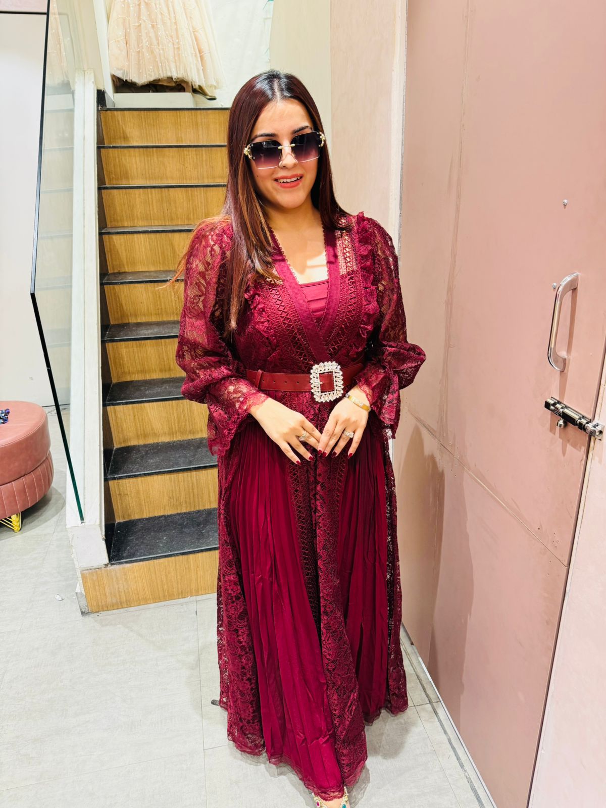 Janny Lace Pleated Maxi Dress with Belt