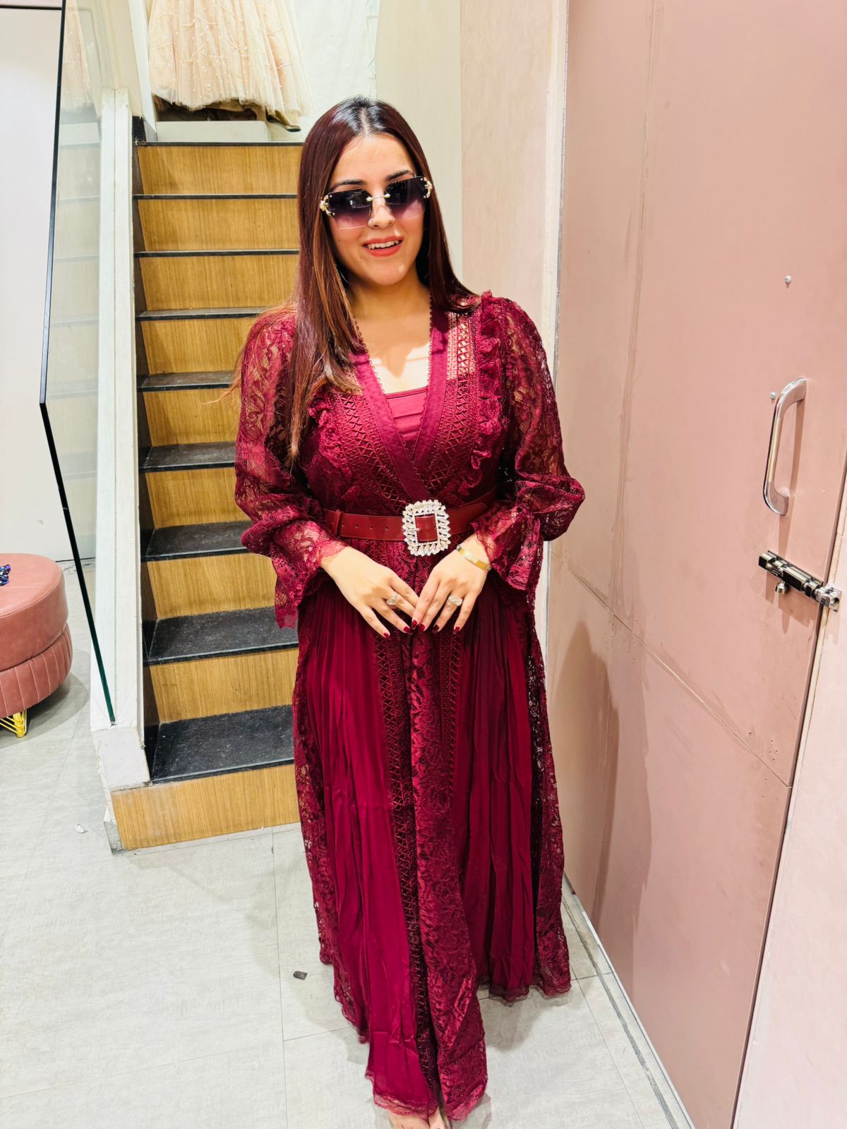 Janny Lace Pleated Maxi Dress with Belt