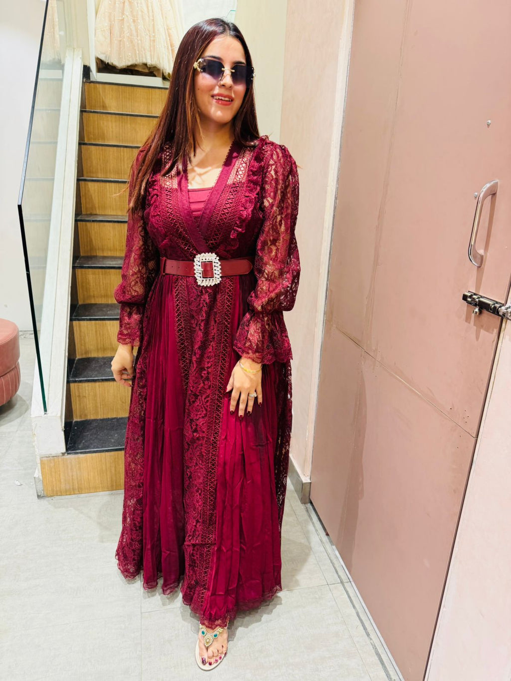 Janny Lace Pleated Maxi Dress with Belt