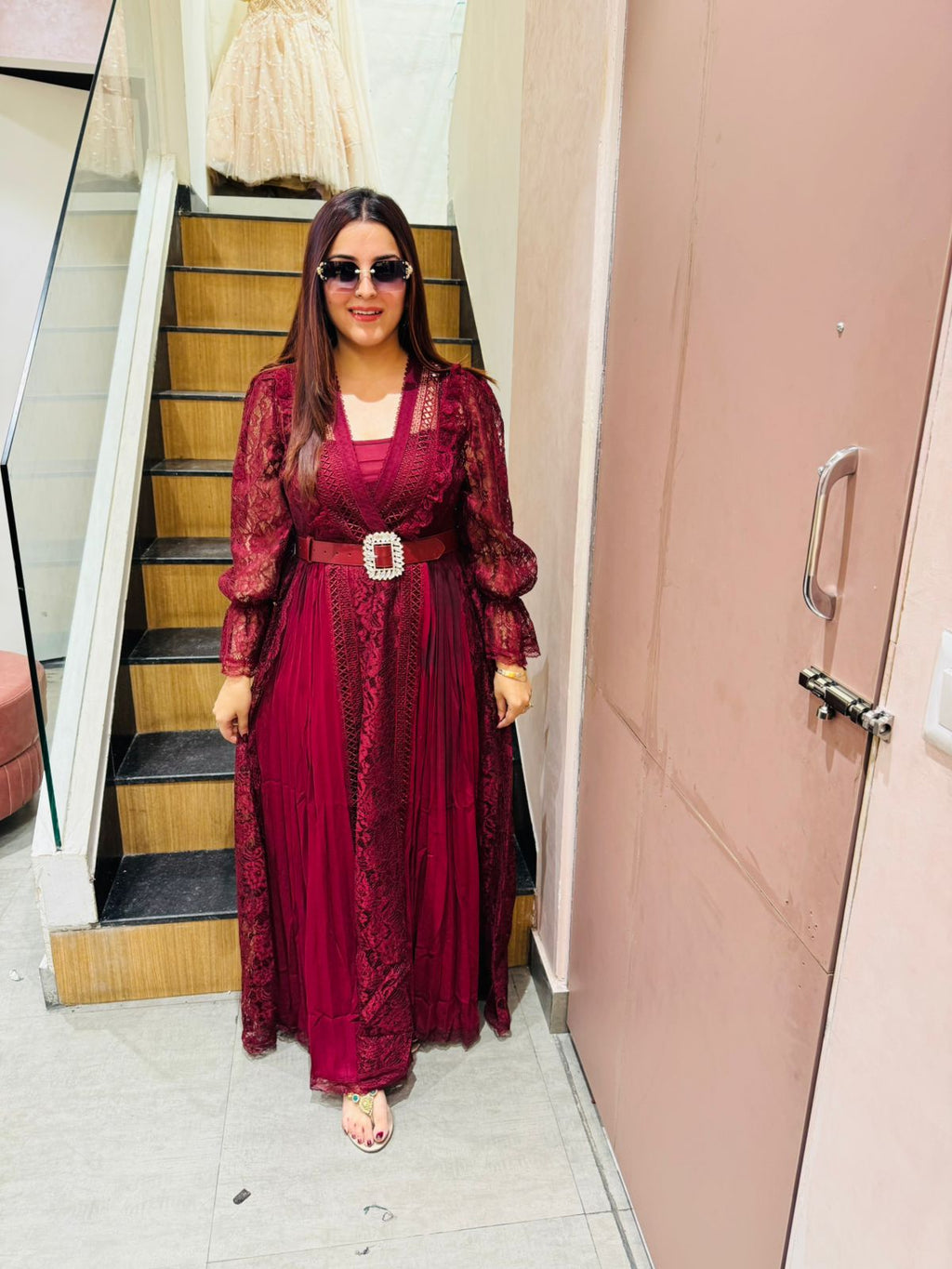 Janny Lace Pleated Maxi Dress with Belt