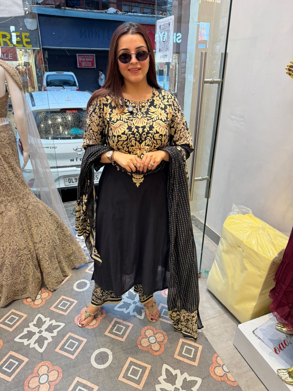 Gold Floral Printed Anarkali Suit Set