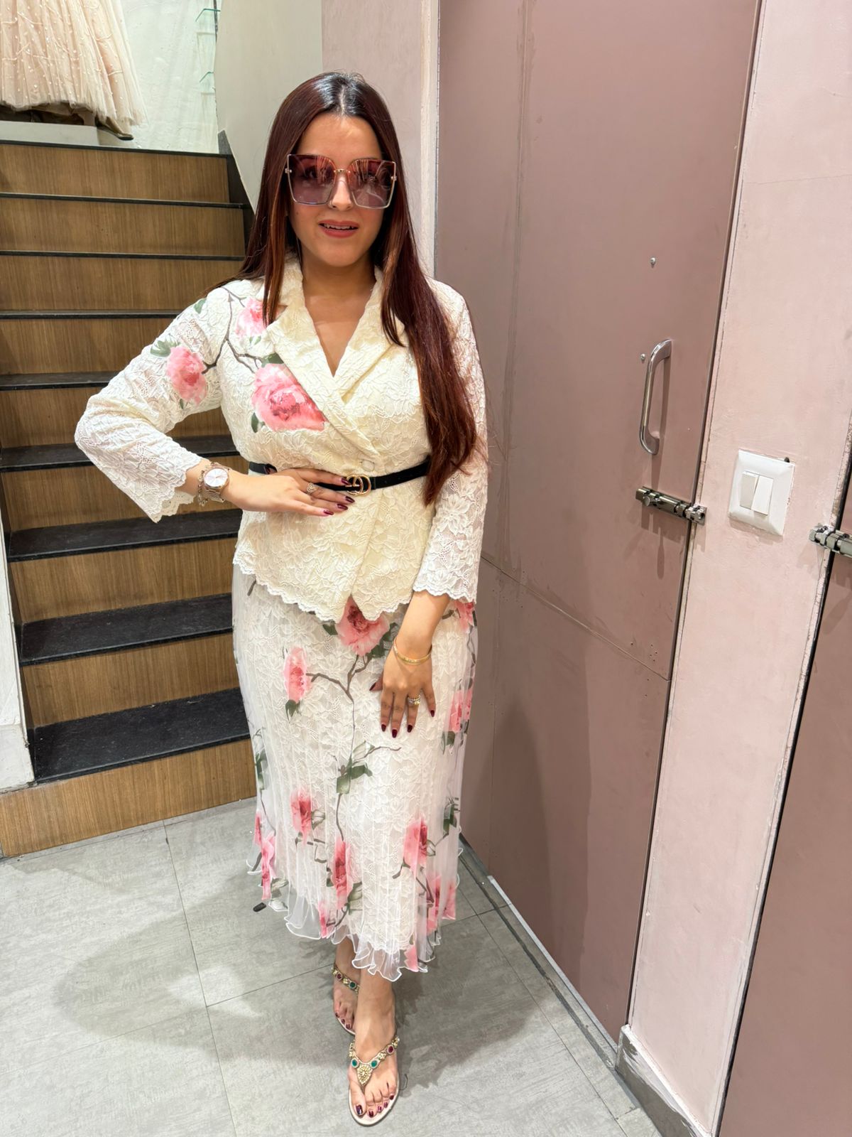 Lina Floral blazer style top Skirt with Belt